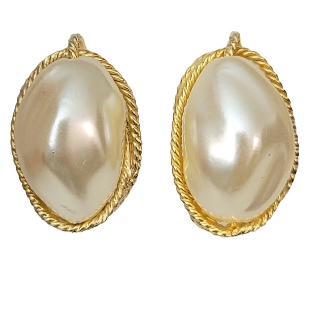 Castlecliff Gold Tone Faux Pearl Clip-On Earrings, Signed